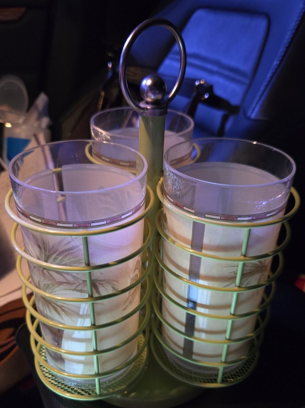 Sakura Lucite Palm Tree Tumblers w Metal Caddy Patio Outdoor Set 1 Chipped